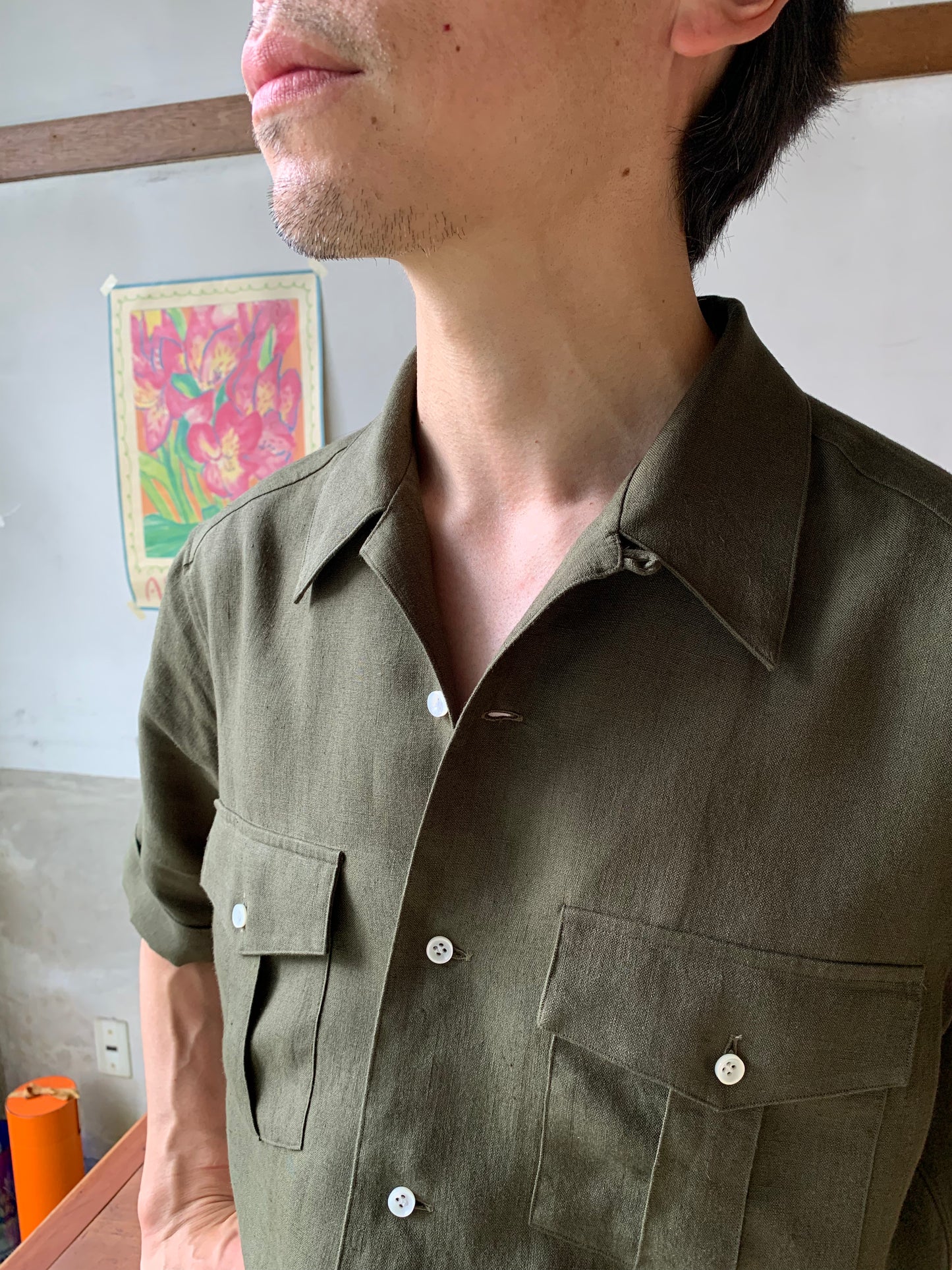 LES LESTON / MOSS Linen Open Col. shirt