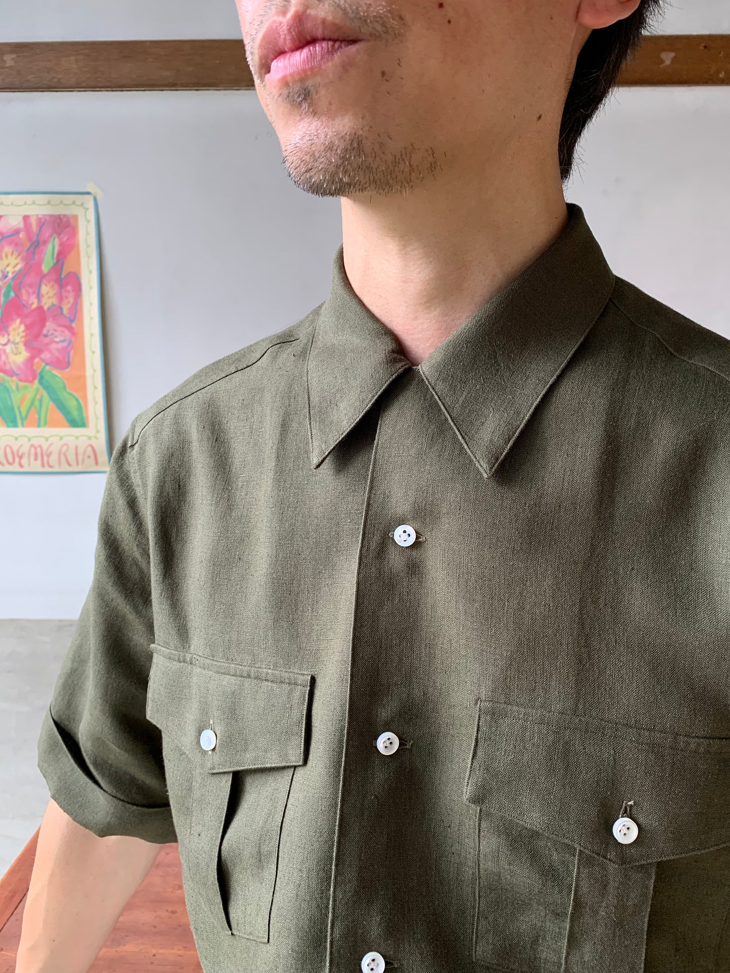 LES LESTON / MOSS Linen Open Col. shirt