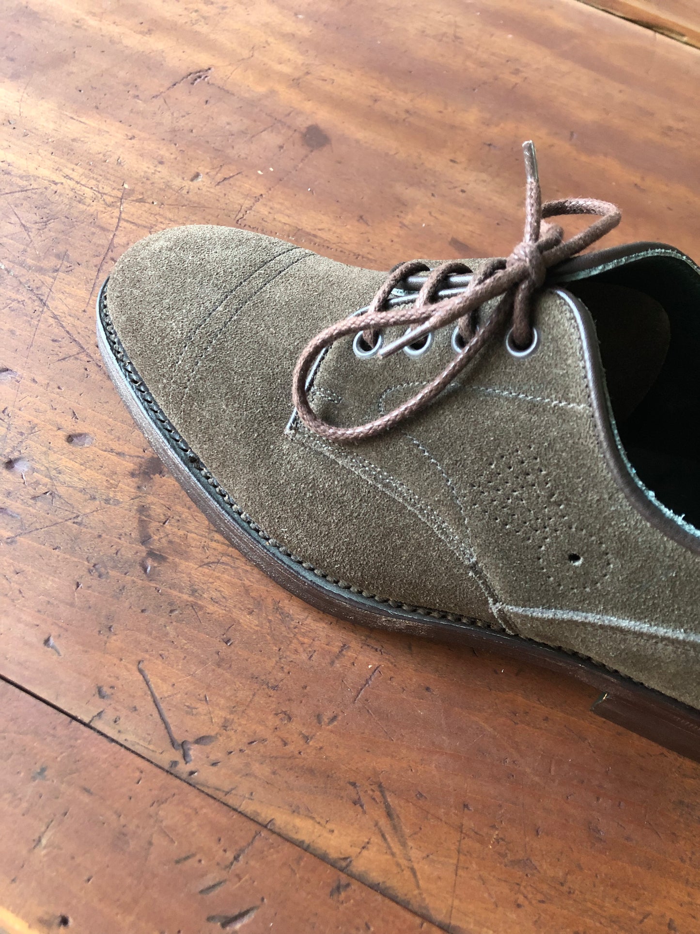 Tricker's olive suede derby shoes for Foggy & Sunny