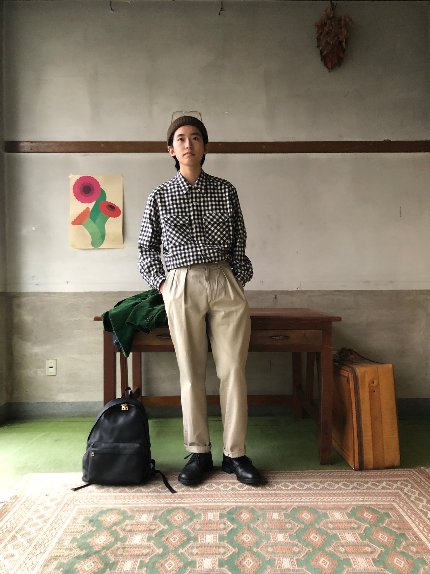 LES LESTON camp col. shirt / check brushed cotton