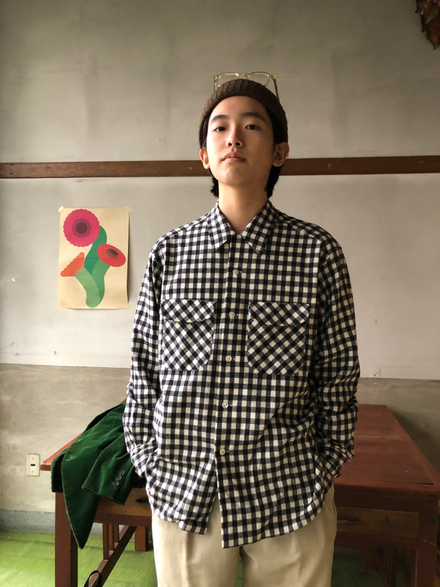 LES LESTON camp col. shirt / check brushed cotton