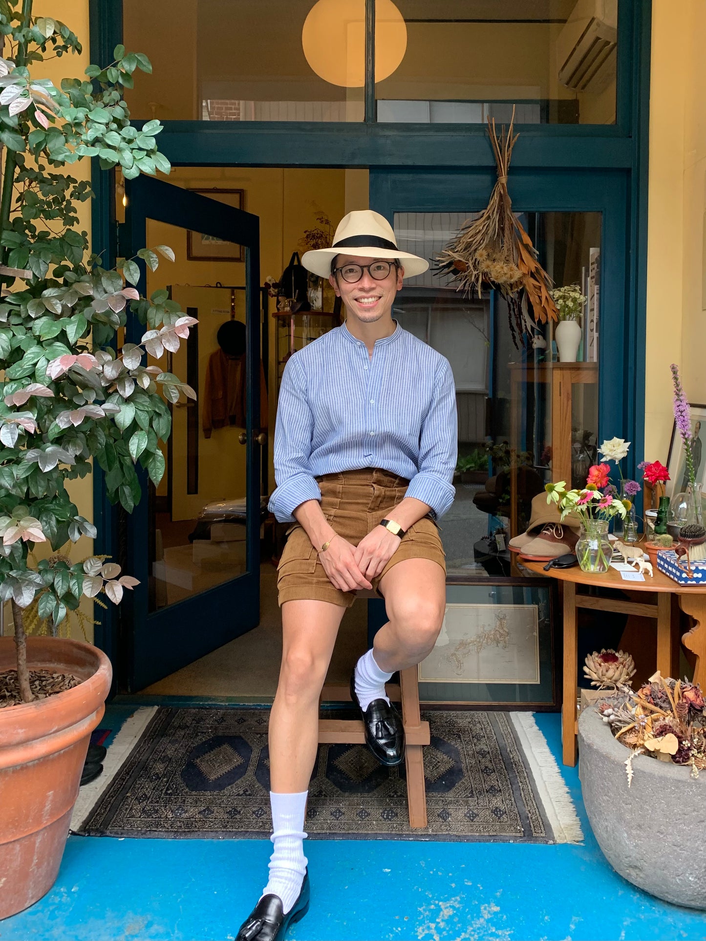 LES LESTON linen collar-less shirt