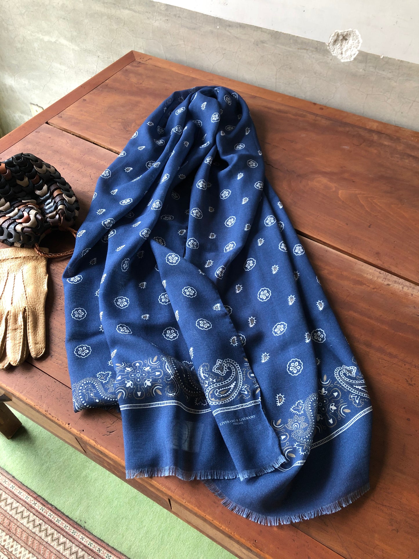 L & L silk blend wool bandana print scarf