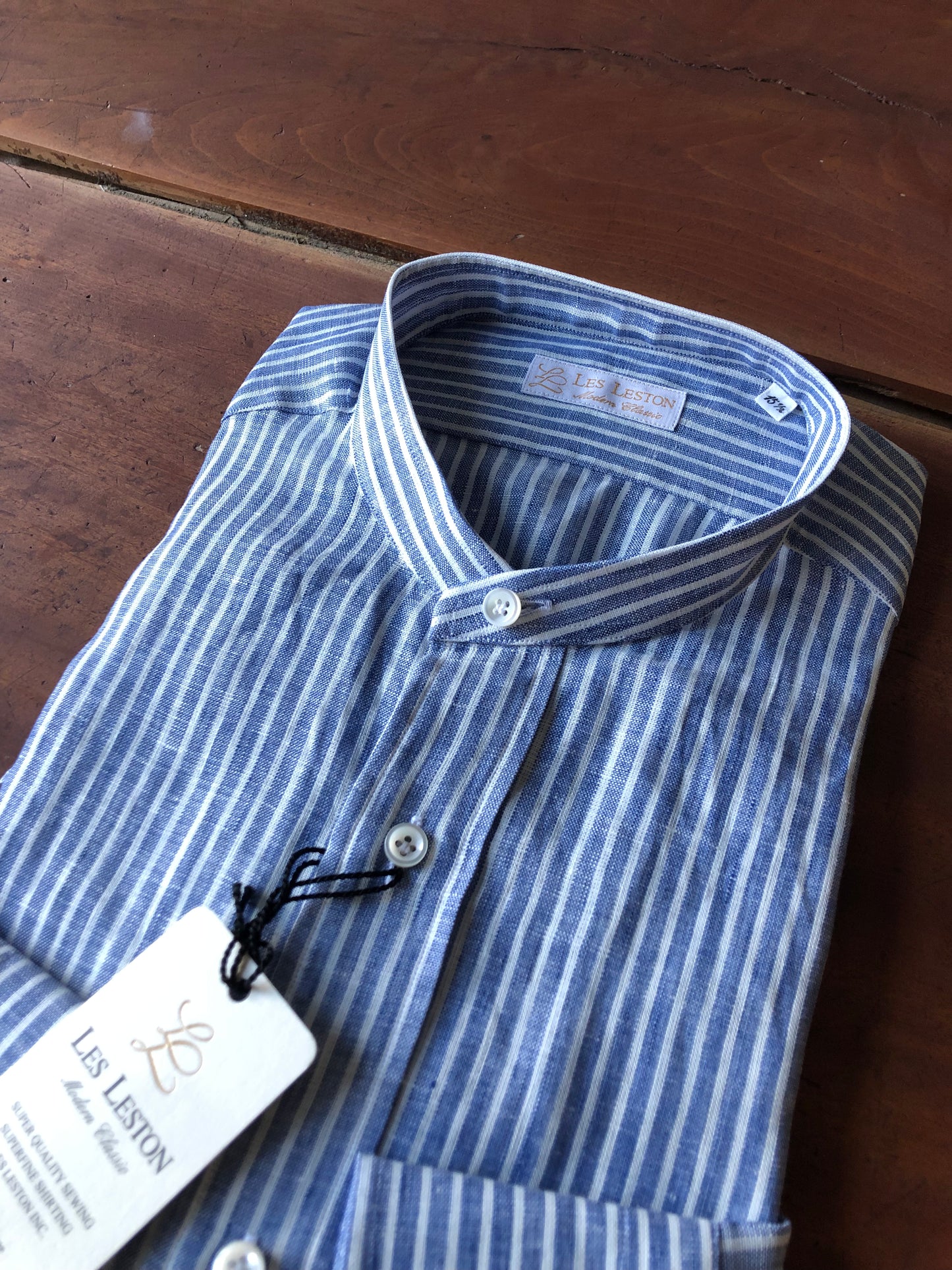 LES LESTON linen collar-less shirt