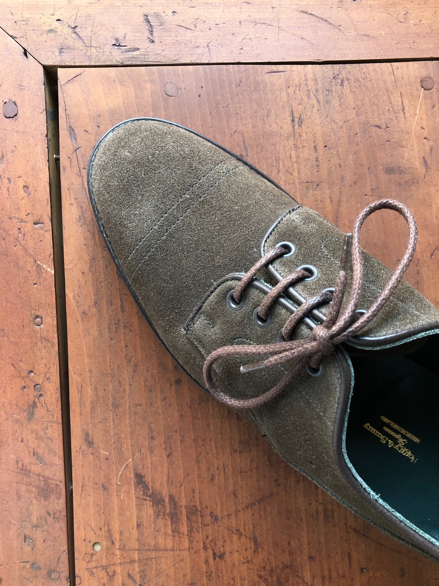 Tricker's olive suede derby shoes for Foggy & Sunny